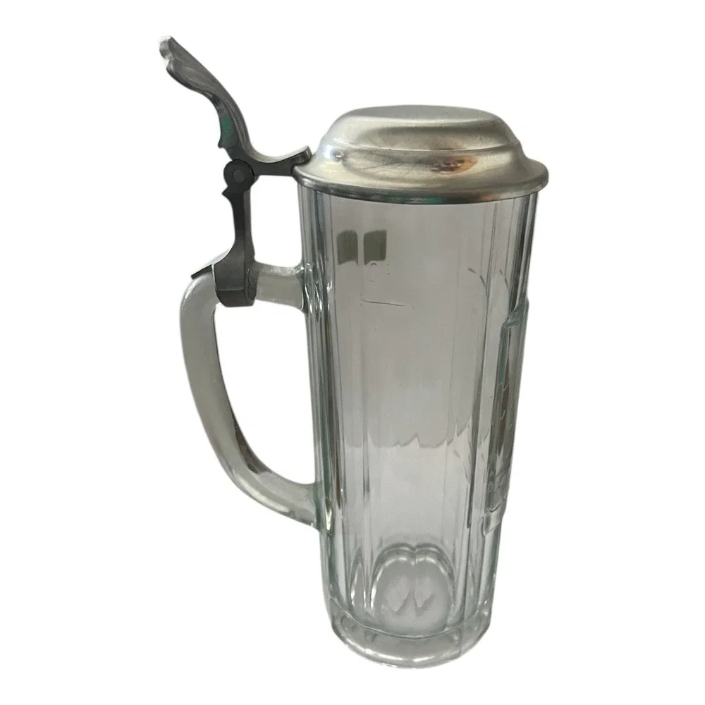 Joska Etched Clear Crystal W Beer Stein Pewter Lid  Vintage